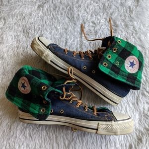 Converse Green Buffalo Plaid Denim Fold Over High